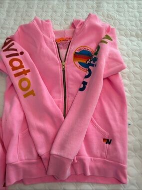 Aviator Nation Pink Zip Hoodie with Venice CA Rainbow Logo